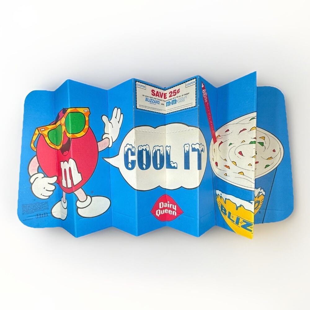 Vintage 1989 CarCool Dairy Queen M&M’s “Cool It” Folding Car Sun Shade USA Made